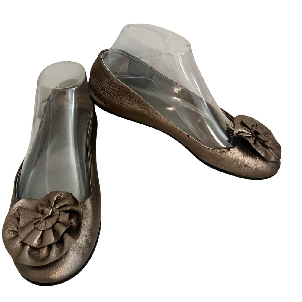 Garnet Hill Metallic Pewter Leather Ballet Flats w/ Flower Cluster Italy 7.5